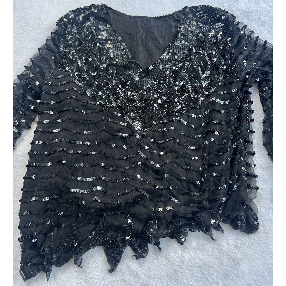 Vintage Sweet Lo Black Beaded Silk Chiffon Evening Ensemble Top Size Large